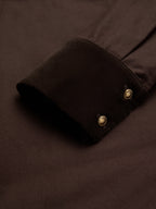 Midi Cotton Dress, Long Sleeves, Shawl Collar, Plain, Belt Design, Vintage, Coffee