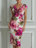Elegant Floral Ruched Bodycon Midi Dress