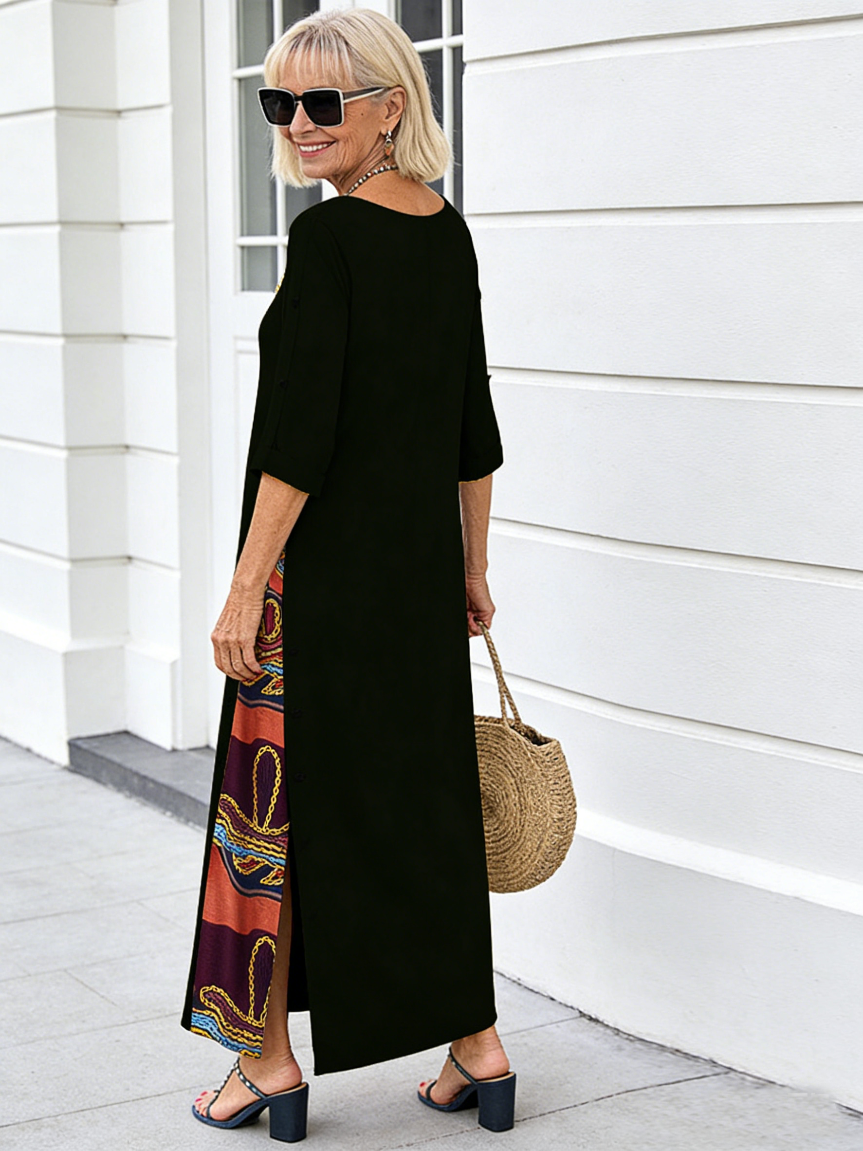 Floral round Neck Contrast Color Button Stitching 3/4 Sleeve Dress