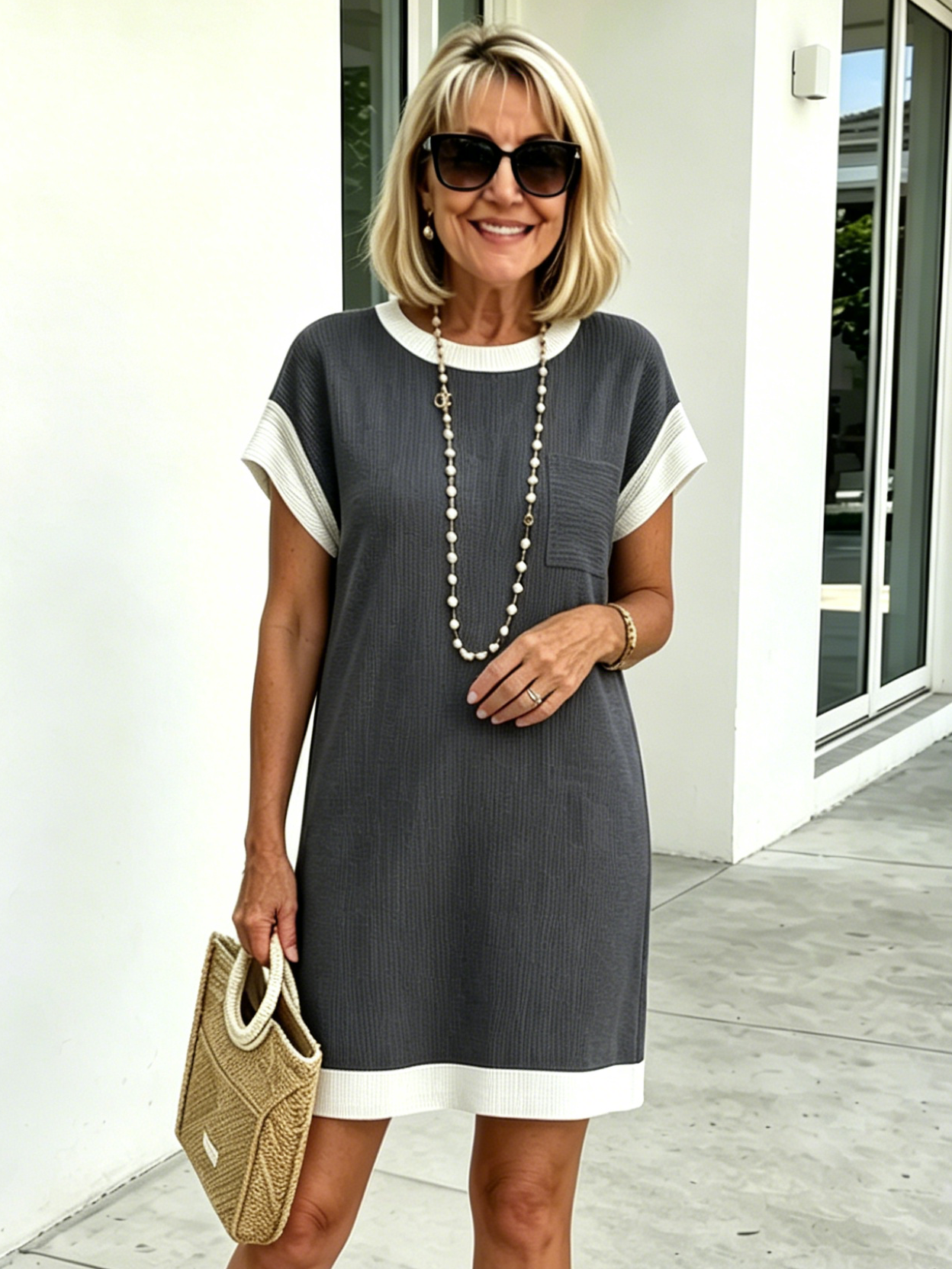 Textured Fabric Casual Contrast Twist Strip Short Sleeve Pocket Dress