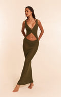 Khaki Textured Twist Front Cut Out Beach Dress