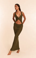 Khaki Textured Twist Front Cut Out Beach Dress
