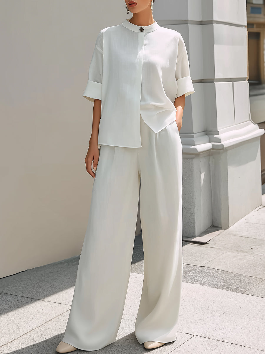 Minimalist Stand Collar Cotton Linen Top And Wide-Leg Pants Set