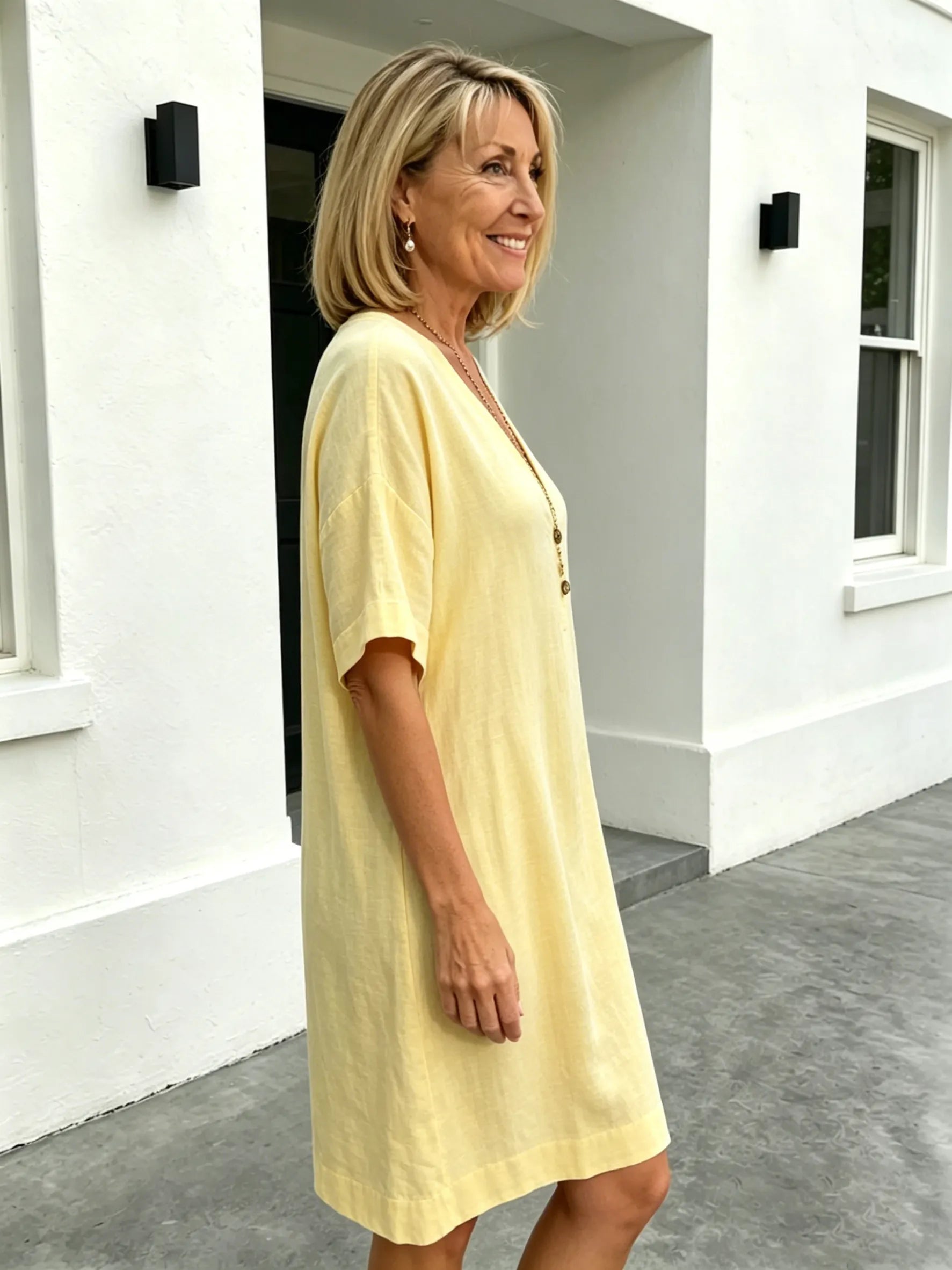 Short Sleeve V-Neck Cotton and Linen Loose Summer Dress