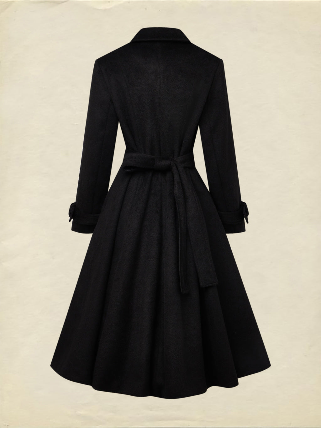 Wool Trench Coat, Long Sleeves, Lapel Collar, Plain, Button Design, Vintage, Black