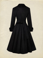 Wool Trench Coat, Long Sleeves, Lapel Collar, Plain, Button Design, Vintage, Black