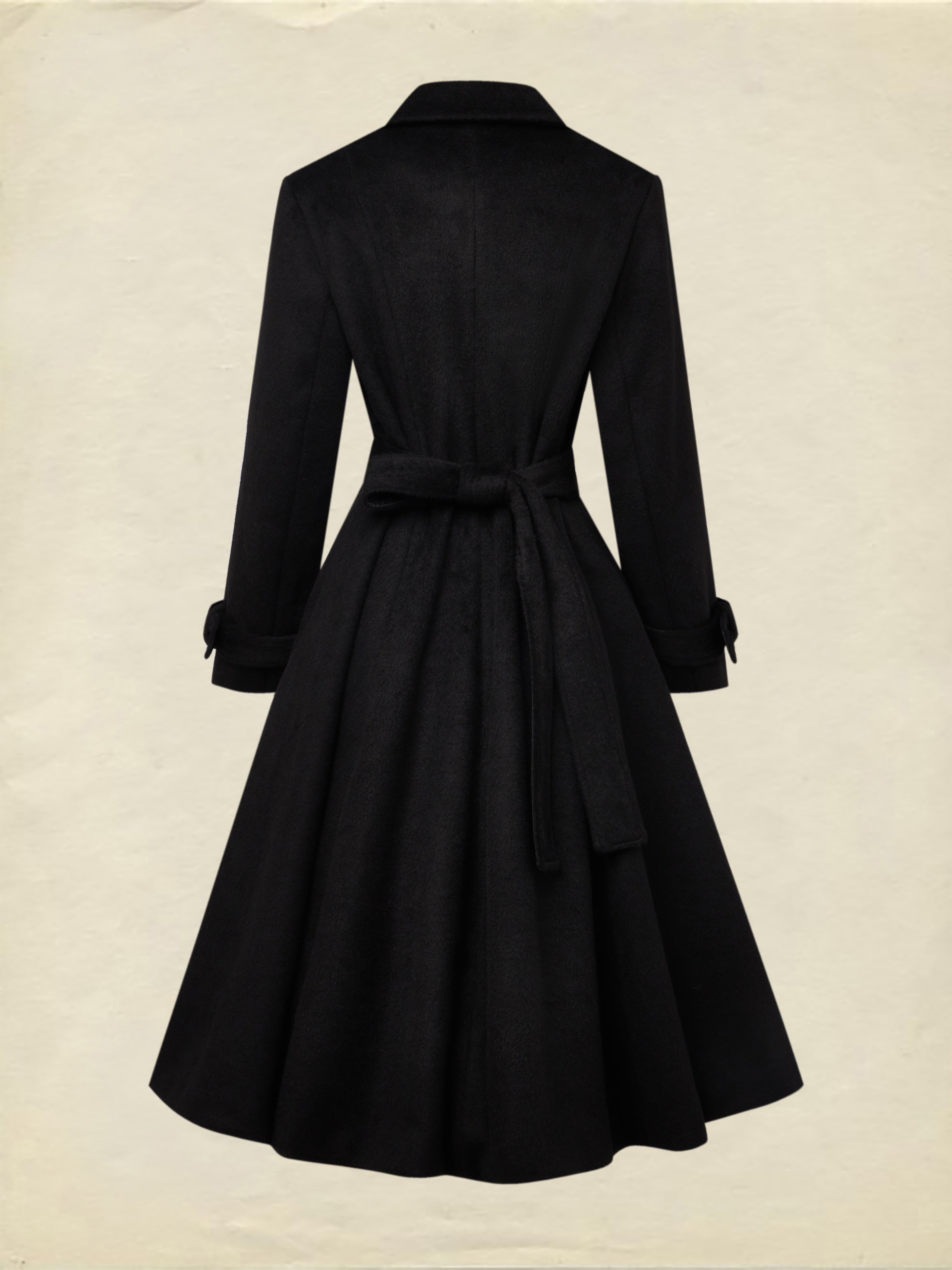 Wool Trench Coat, Long Sleeves, Lapel Collar, Plain, Button Design, Vintage, Black