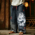 Men's Retro Calligraphy With Dragon Art Linen Pants