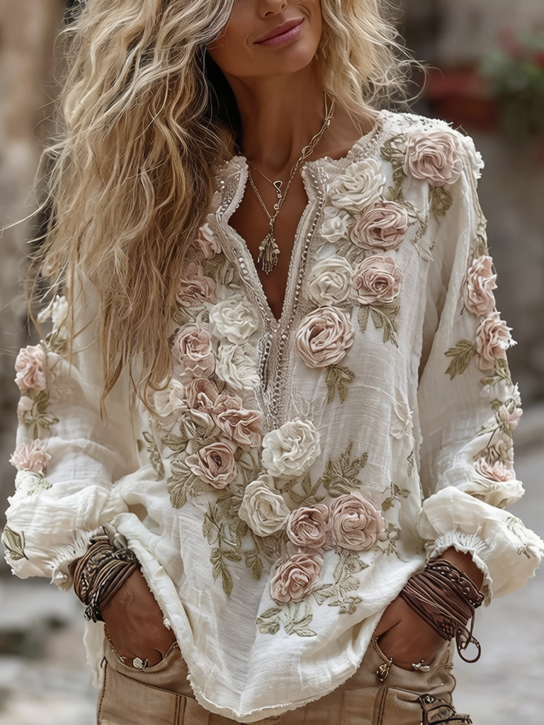 Women's Romantic Rose Embroidered Art Print Flowy Linen Blend Casual Tops