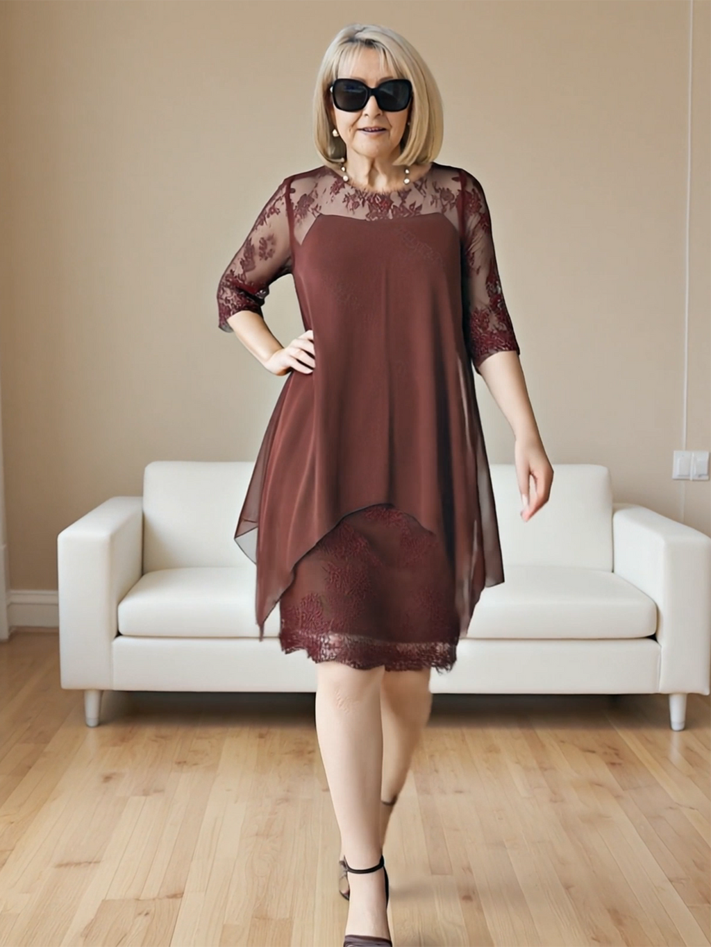 Elegant Lace Splicing Seven-quarter Sleeve Medium and Long Knee-length Chiffon