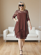 Elegant Lace Splicing Seven-quarter Sleeve Medium and Long Knee-length Chiffon
