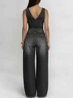Women's V-neck Sleeveless Casual Loose Denim Wide-leg Jumpsuit
