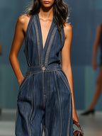 [24-hour shipping out]V-Neck Casual Retro Sleeveless Wide-Leg Denim Jumpsuit