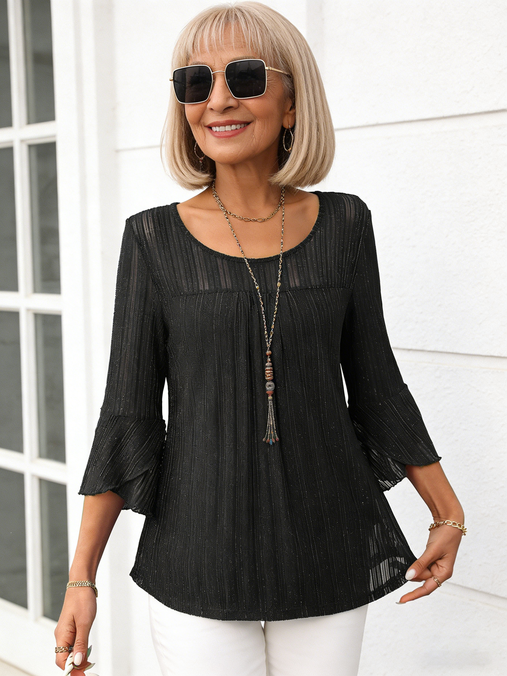 Translucent Round Neck Ruffle Sleeve Shiny Mesh Top
