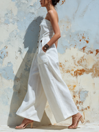 Strapless Linen Wide-Leg Jumpsuit With Button Detail & Pockets