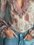 Vintage Bohemian Dusty Rose Lace-Trimmed Chiffon Blouse