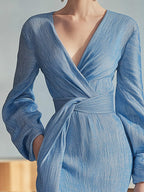 Chic Blue Textured Chiffon Long-Sleeve Dress