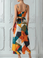 Color Block Abstract Print Wrap Midi Dress