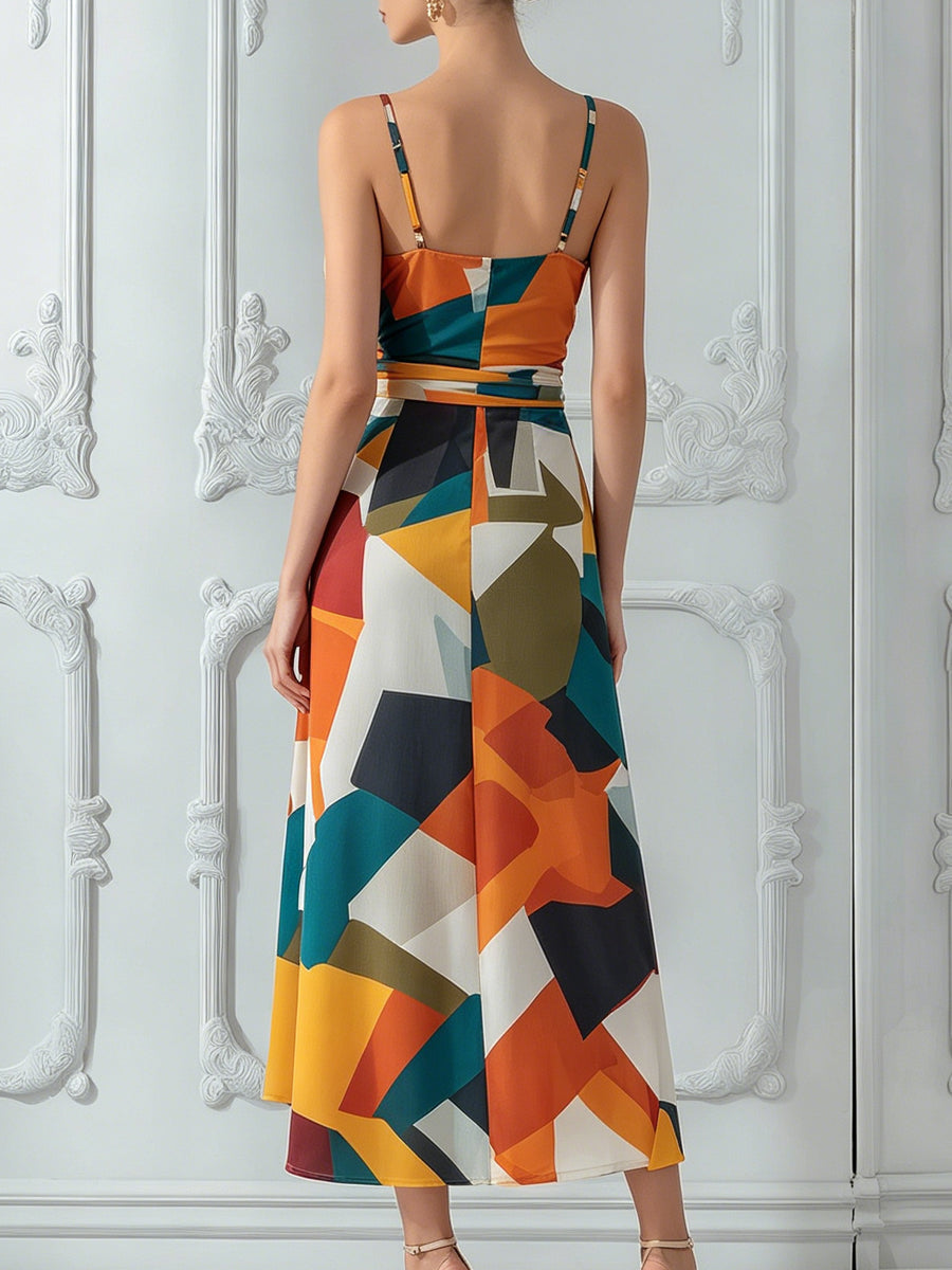 Color Block Abstract Print Wrap Midi Dress