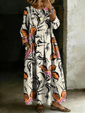 Women's Retro Floral Splicing Long-sleeved Loose-fitting Casual Denim Dress