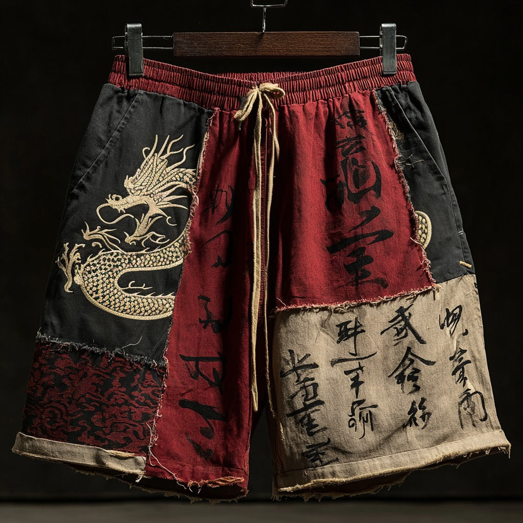 Retro Japanese Calligraphy And Dragon Art Pattern Linen Blend Shorts