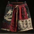 Retro Japanese Calligraphy And Dragon Art Pattern Linen Blend Shorts