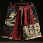 Retro Japanese Calligraphy And Dragon Art Pattern Linen Blend Shorts