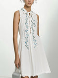 White Sleeveless Linen Dress with Embroidered Front