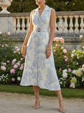 Midi Linen Dress, Sleeveless, Lapel Collar, Floral, Belt Design, Vacation, Vintage, Blue