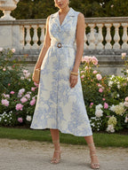 Midi Linen Dress, Sleeveless, Lapel Collar, Floral, Belt Design, Vacation, Vintage, Blue