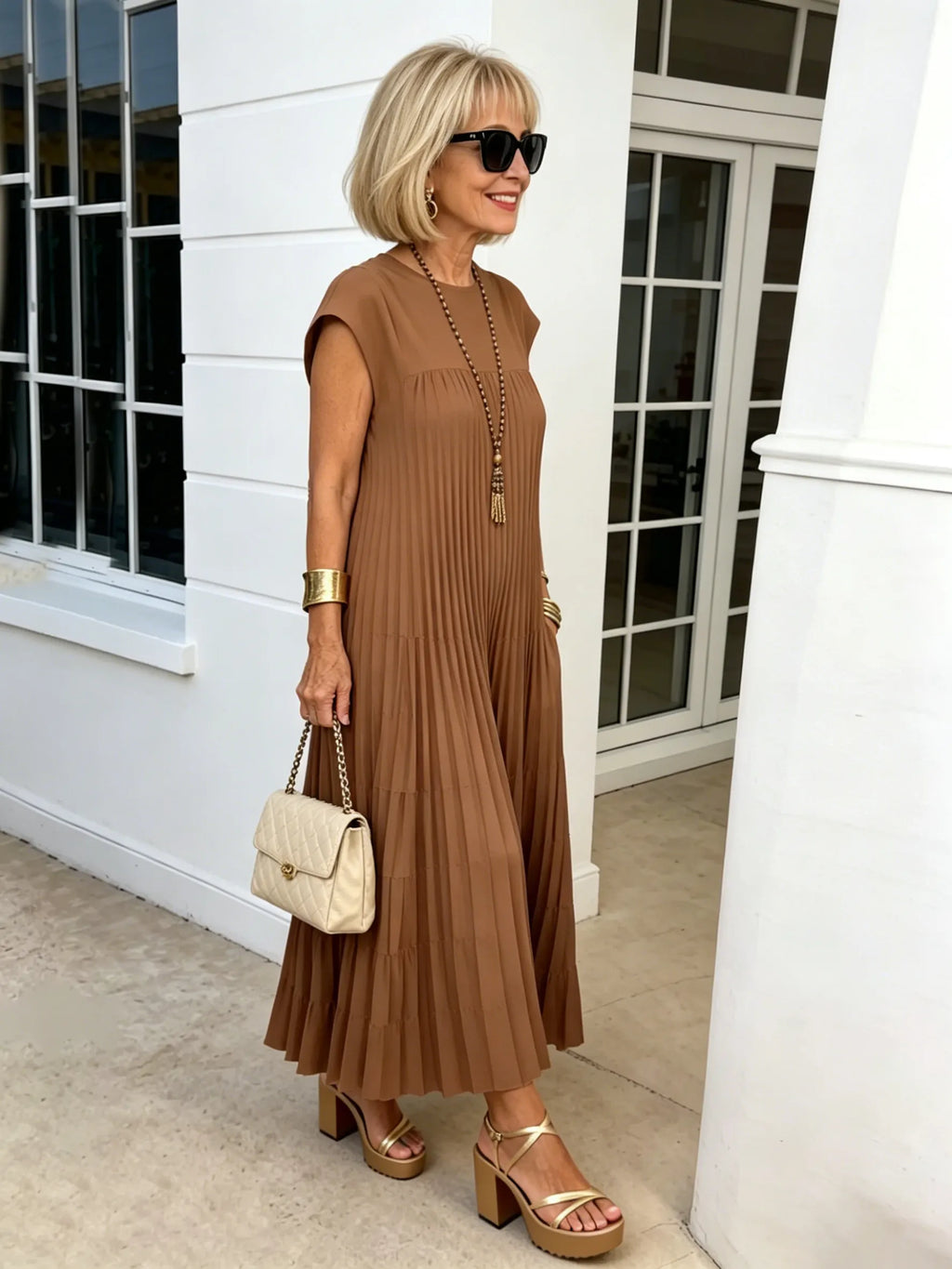 Elastic Dress Women's Elegant Fashion Crew Neck Sleeveless Pleated Long Dress