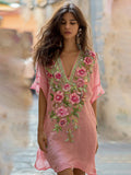 Bohemian Style Three-dimensional Flower Embroidery Vintage Tie-dye Gradient V-neck Short-sleeved Long Dress