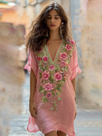 Bohemian Style Three-dimensional Flower Embroidery Vintage Tie-dye Gradient V-neck Short-sleeved Long Dress