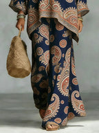 Women's Vintage Ethnic Art Comfortable Loose Cotton Linen Wide-leg Pants Two-piece Set