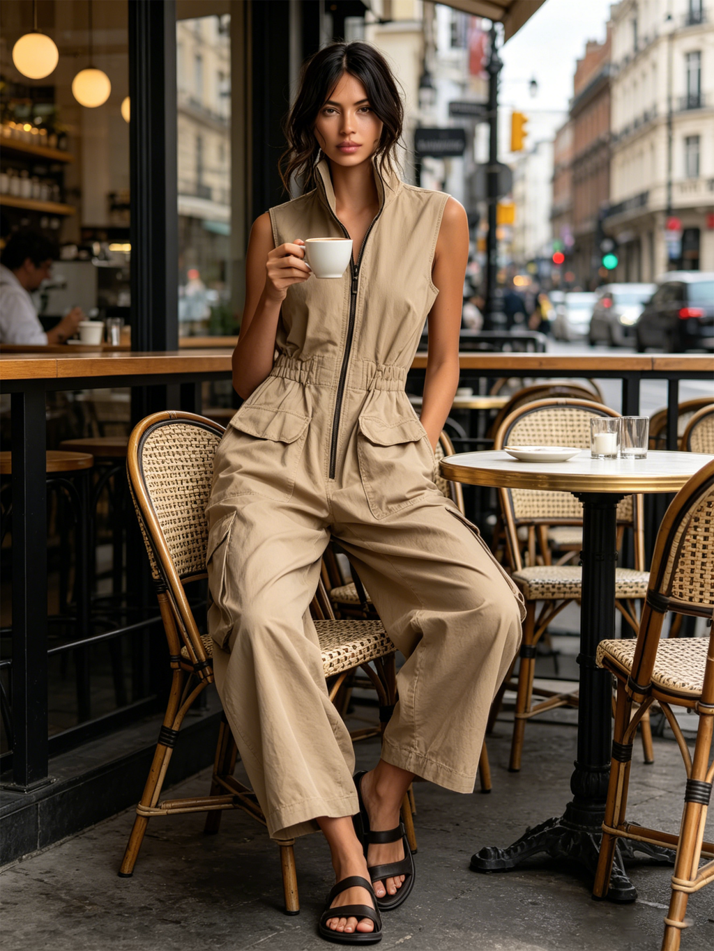 Beige Cotton Twill Sleeveless Utility Cargo Jumpsuit