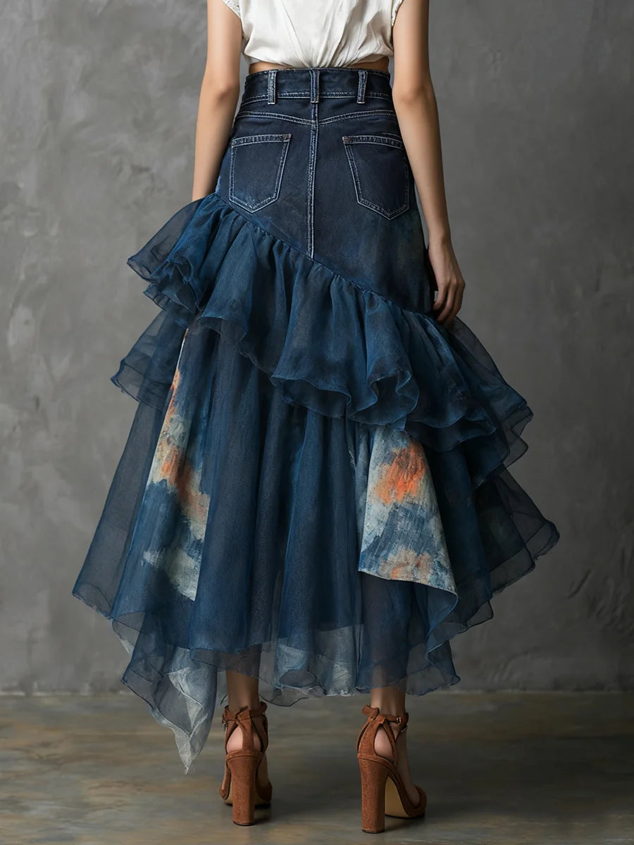 Women's Casual Stylish Art Denim Organza Patchwork Skirt