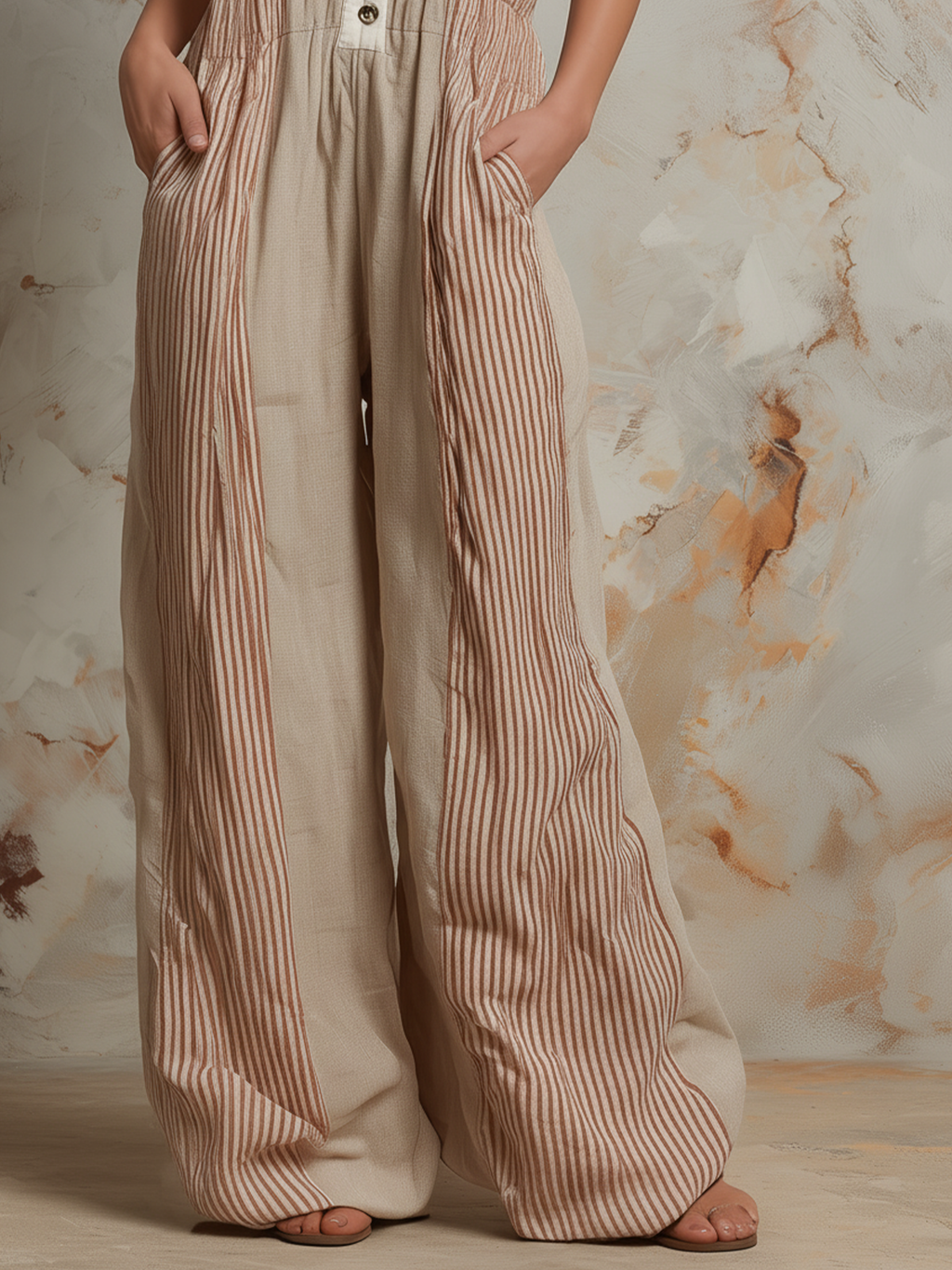 Striped Linen-Cotton Halter Wide-Leg Jumpsuit