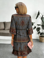 Chiffon Vacation Prints Color Round Neck Cake Skirt Splicing Dress Mid-length