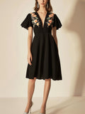 Elegant Black Chiffon Dress with Shoulder Embroidery