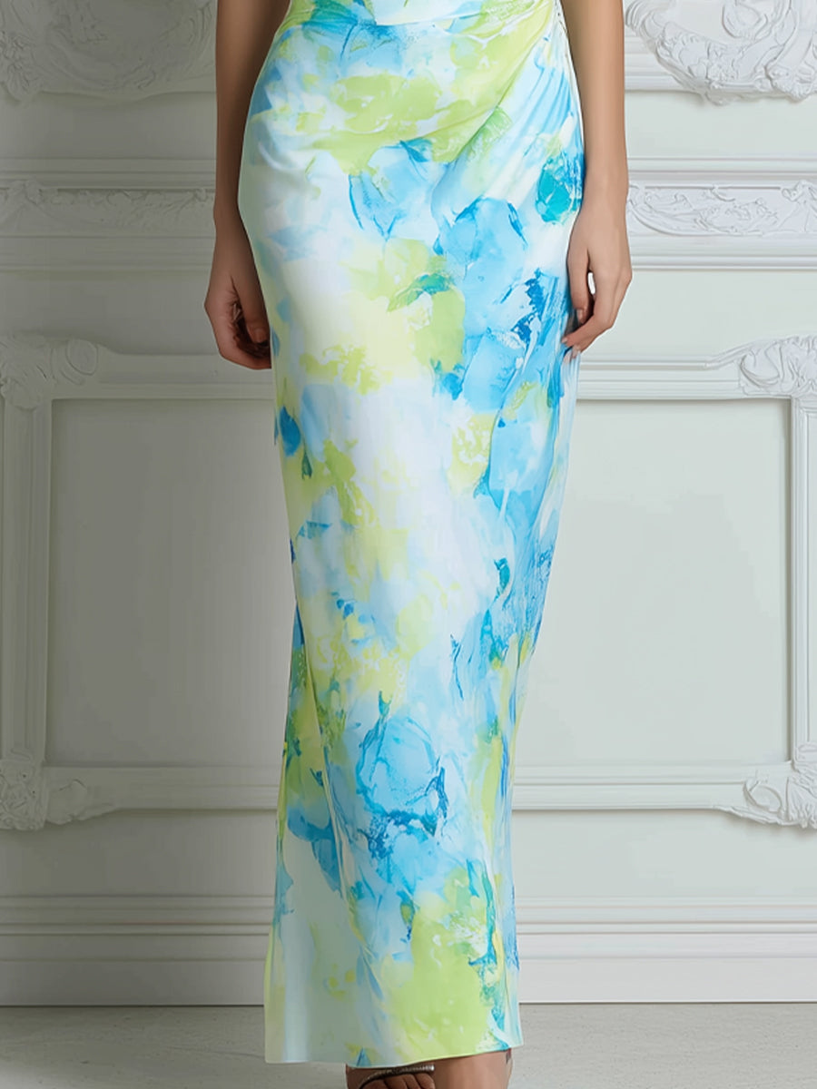Draped Cowl Neck Printed Maxi Dress