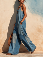 Patchwork Tencel Denim Cami Jumpsuit With Fringe Hem