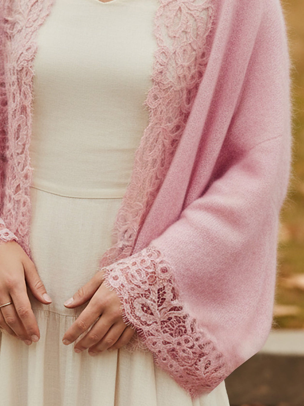Cardigan (10% Cashmere & 90% Wool), Long Sleeves, V Neck, Plain, Lace, Vintage, Light Pink