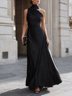One-Shoulder Draped High-Neck Maxi Dress