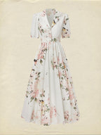 Linen Maxi Dress, Balloon Sleeve, Shawl Collar, Floral, Vintage, White