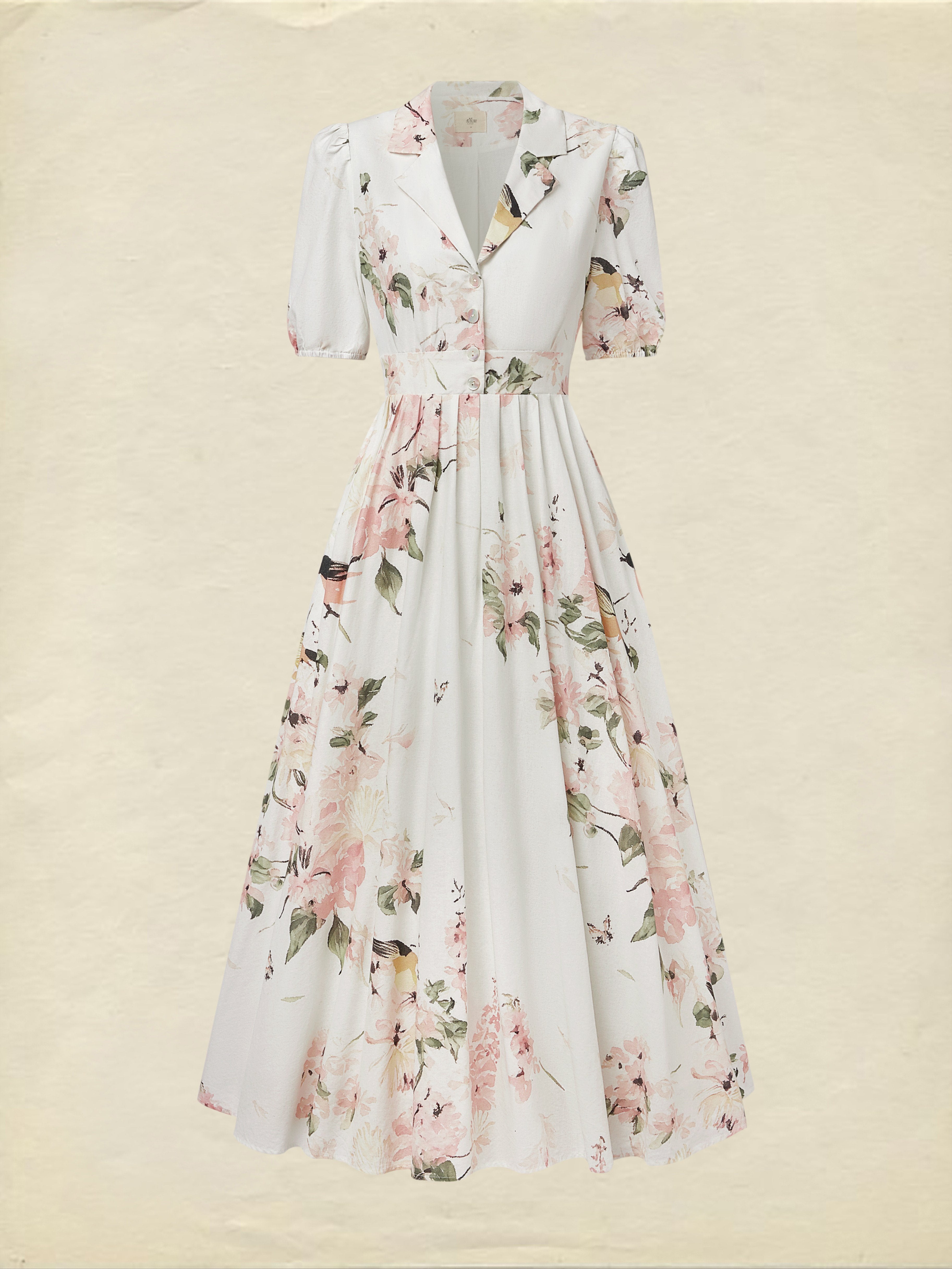 Linen Maxi Dress, Balloon Sleeve, Shawl Collar, Floral, Vintage, White