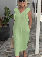Casual Dress with Ruffle Sleeves,Back Adjustment Rope,Deep Pockets,Pure White Formal Dress, Evening Dress