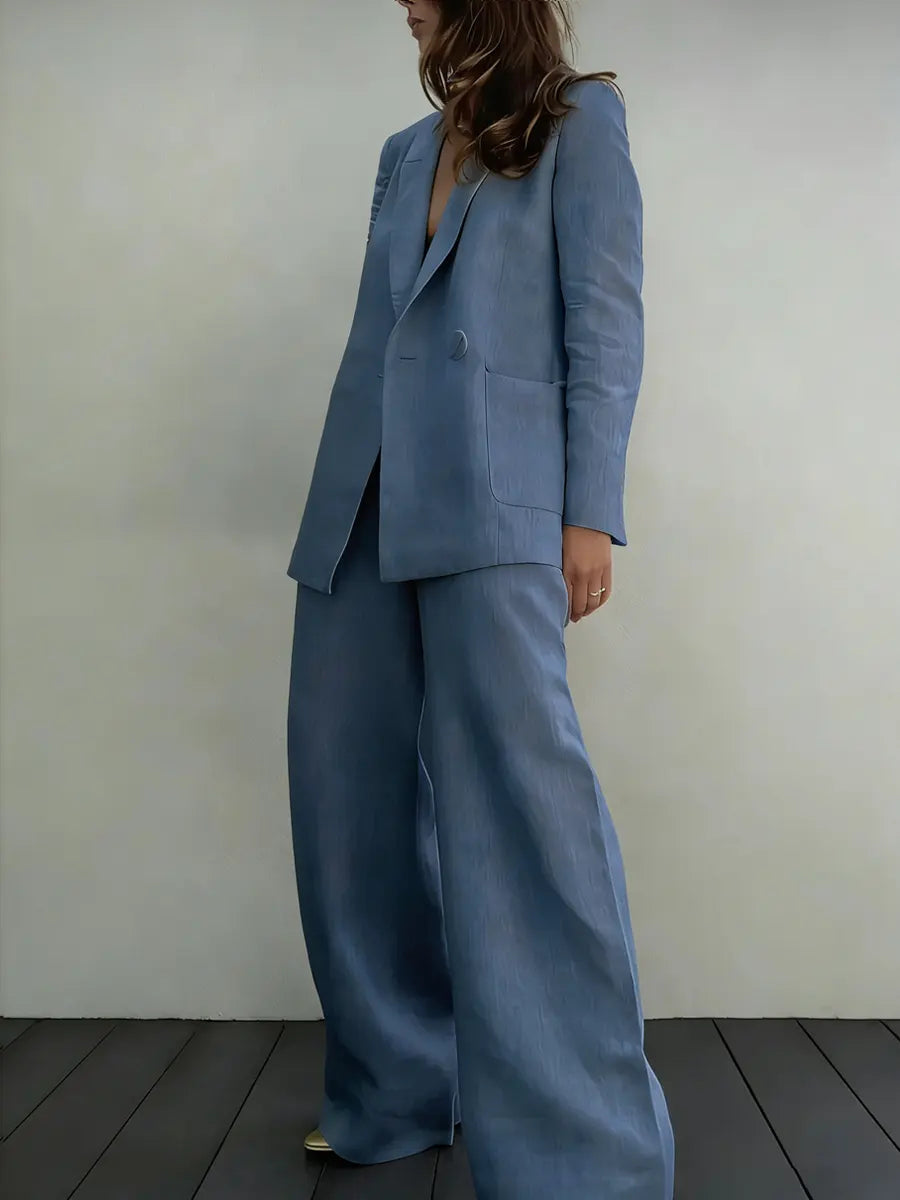 Women's Minimalist Cotton-linen Suit With Wide-leg Pants