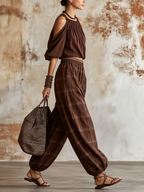 Chocolate Brown Plaid Cold-Shoulder Top & Harem Pants Loungewear Set