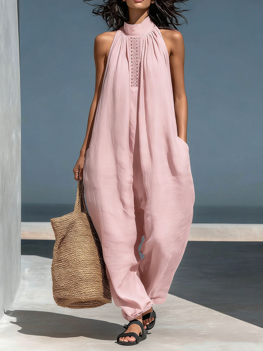 Women's Stand-up Collar Sleeveless Casual Loose Cotton And Linen Wide-leg Jumpsuit