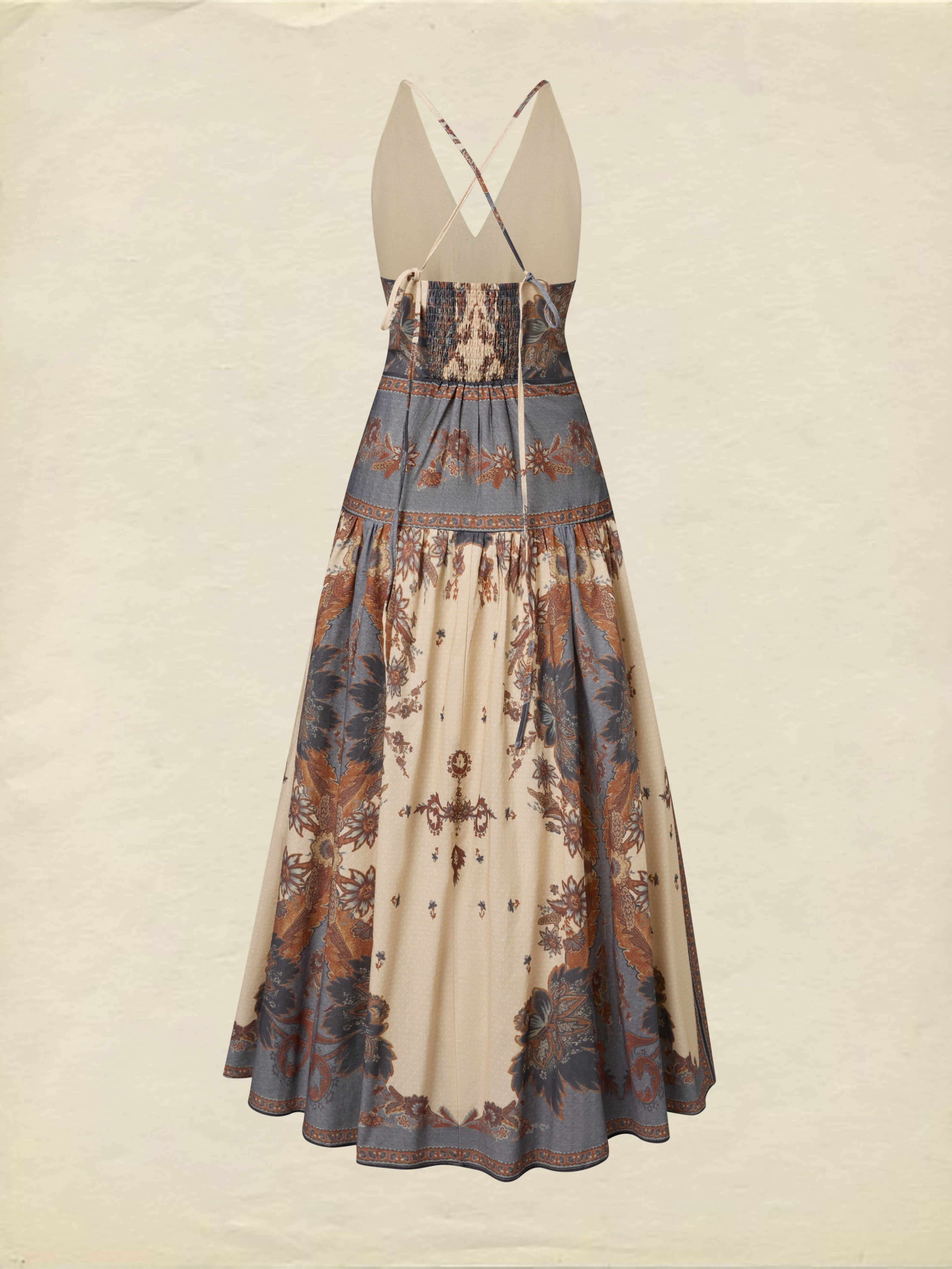 Maxi Cotton Dress, Sleeveless, V Neck, Floral, Belt Design, Vacation, Vintage, Apricot